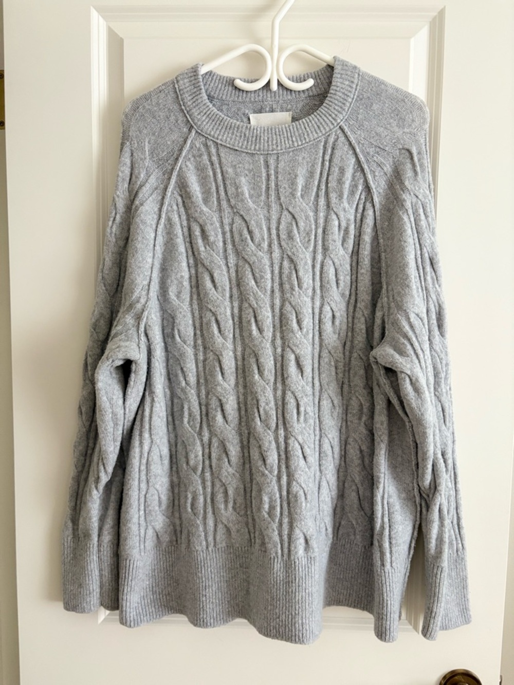 aerie Light Gray Cable Knit Crewneck Sweater